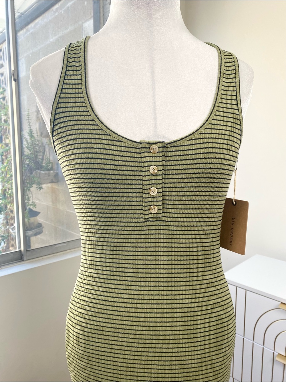 The Workshop NWT Ribbed Henley Striped Maxi Dress in Olive Black, Size S - Picture 4 of 9